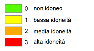 Legenda dei codici colore e rispettivo significato di idoneità ambientali utilizzati nelle cartografie.
