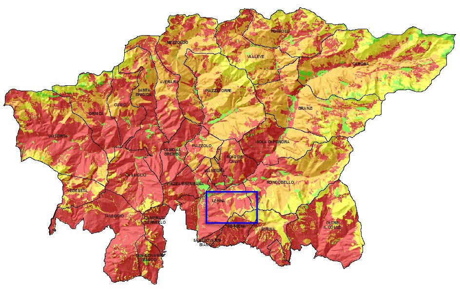 Carta di idoneità ambientale per Cervus elaphus.Riquadrata in blu l'area approssimativa della Val Parina.