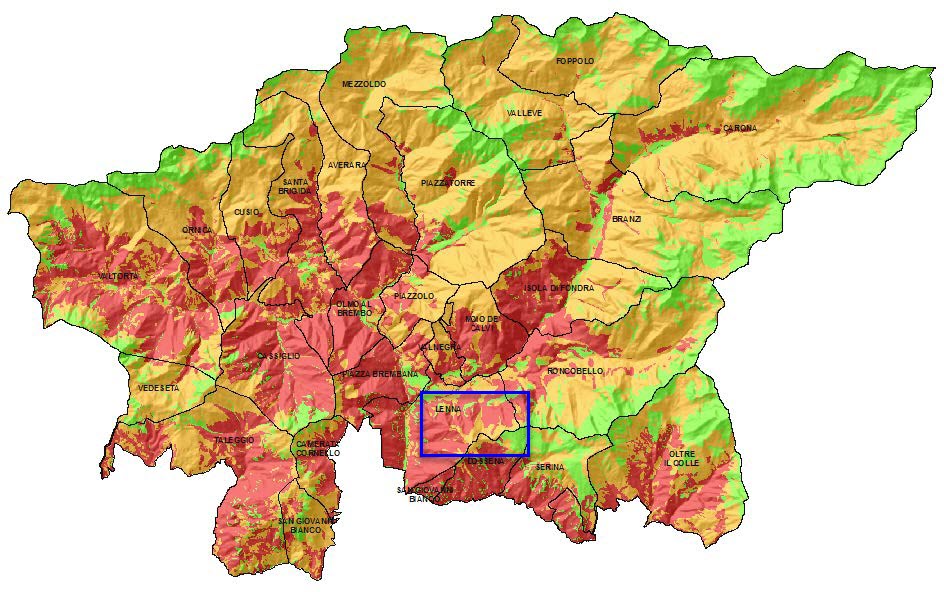 Carta di idoneità ambientale per Capreolus capreolus.Riquadrata in blu l'area approssimativa della Val Parina.