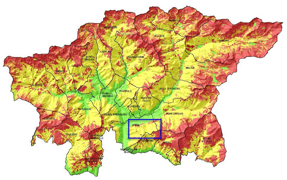 Carta di idoneità ambientale per Capra ibexRiquadrata in blu l'area approssimativa della Val Parina.