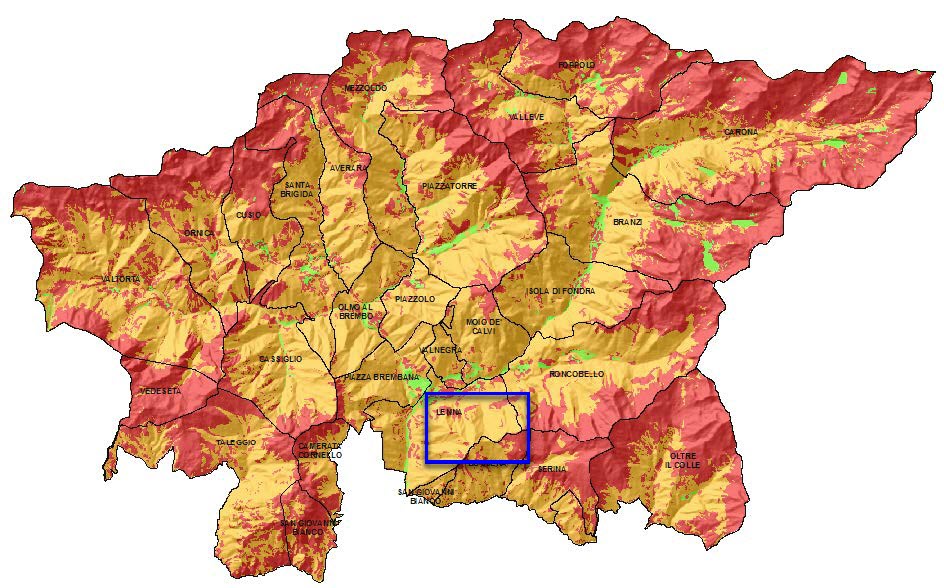 Carta di idoneità ambientale per Rupicapra rupicapra Riquadrata in blu l'area approssimativa della Val Parina.