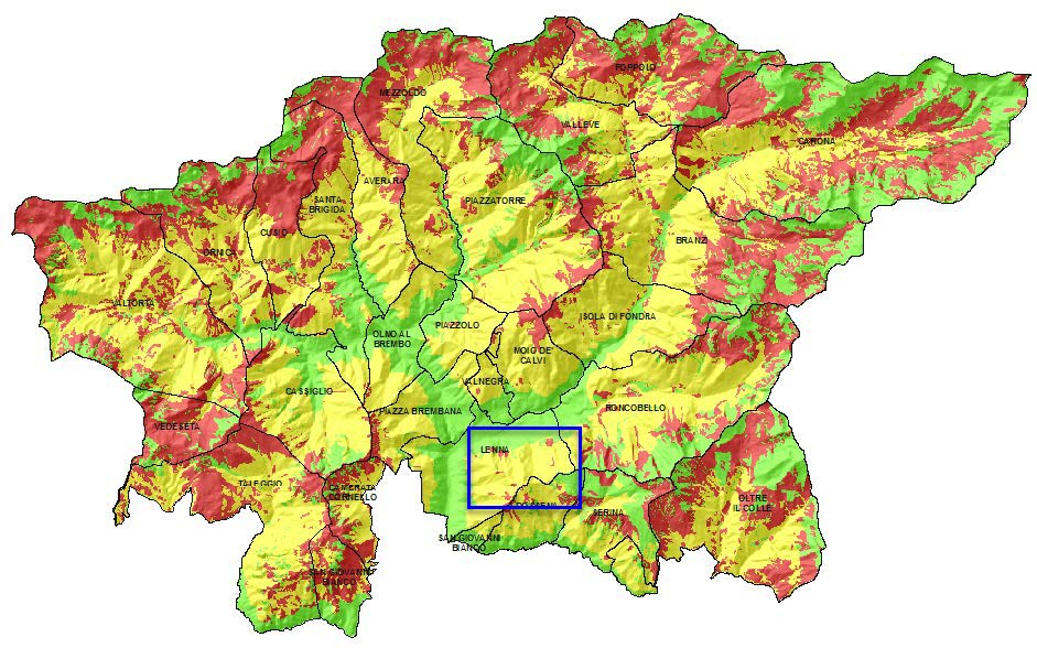 Carta di idoneità ambientale per Lepus timidus Riquadrata in blu l'area approssimativa della Val Parina.