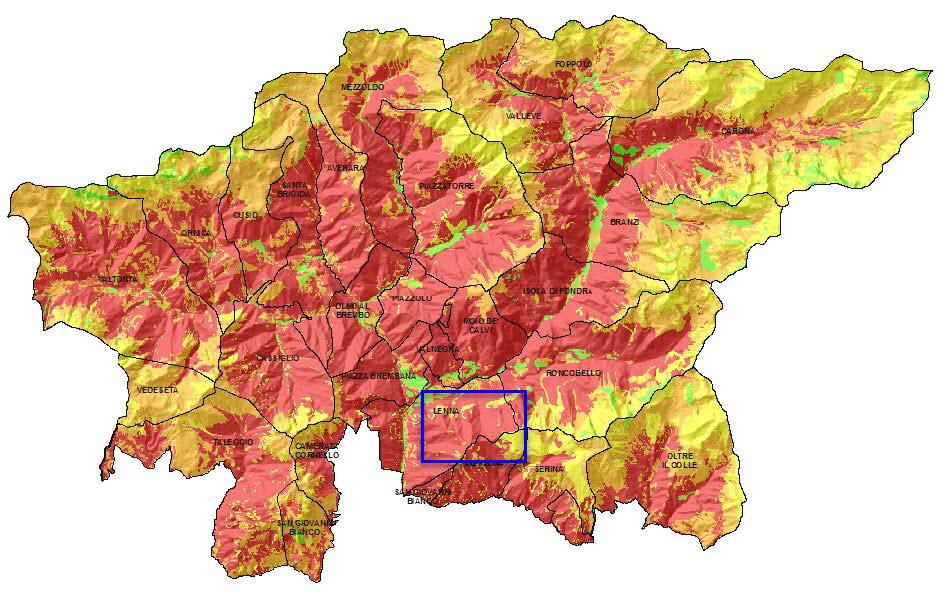 Carta di idoneità ambientale per Canis lupus Riquadrata in blu l'area approssimativa della Val Parina.