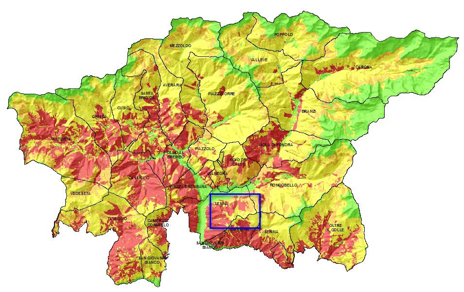 Carta di idoneità ambientale per Ursus arctos - Riquadrata in blu l'area approssimativa della Val Parina.