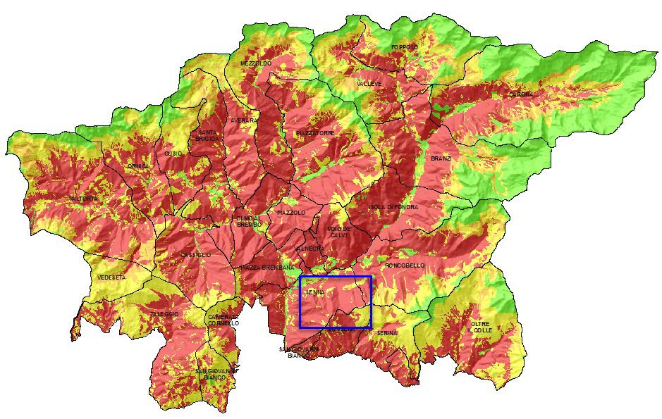 Carta di idoneità ambientale per Marte martes - Riquadrata in blu l'area approssimativa della Val Parina.