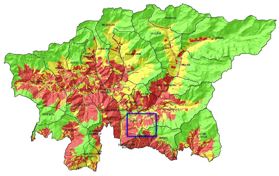 Carta di idoneità ambientale per Moscardinus avellanarius avellanarius - Riquadrata in blu l'area approssimativa della Val Parina.