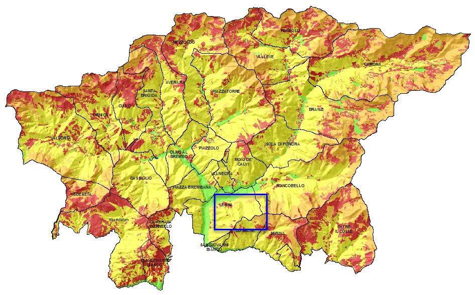 Carta di idoneità ambientale per Marmota marmota marmota - Riquadrata in blu l'area approssimativa della Val Parina.